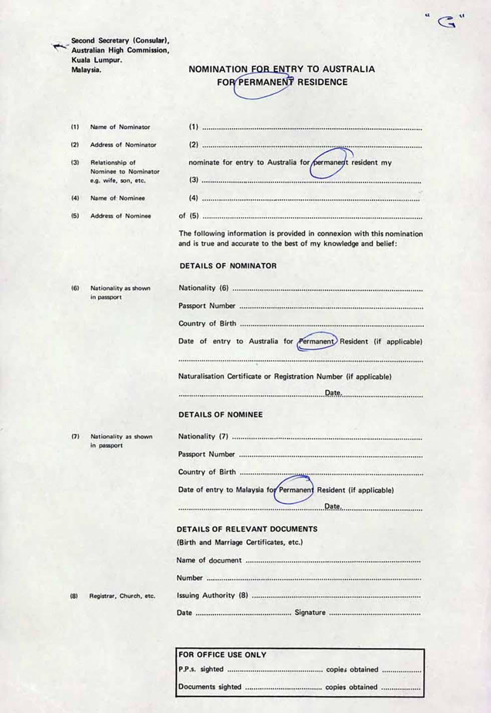 Description of forms and form letters used to process migration applications – for use in Kuala Lumpur.
