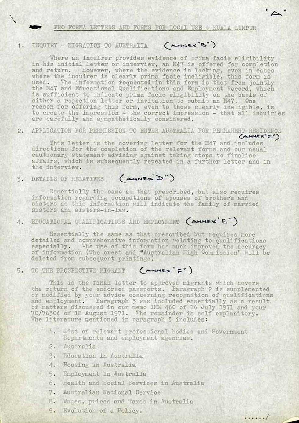 Description of forms and form letters used to process migration applications – for use in Kuala Lumpur.