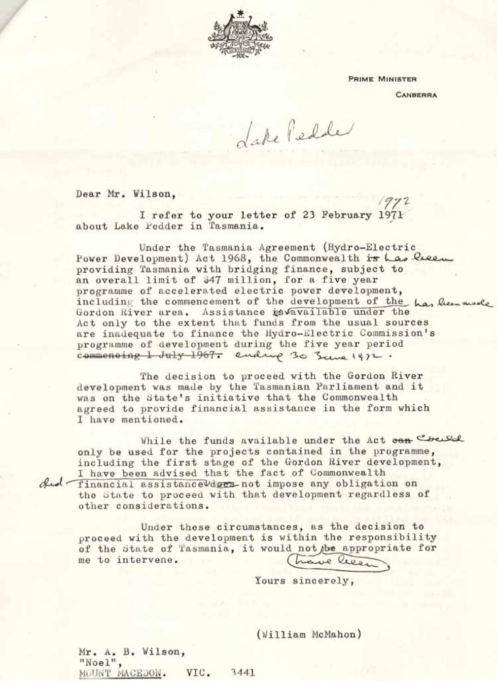 Draft letter reply from Prime Minister Williams McMahon to Mr AB Wilson, regarding the development of the Gordon River area.