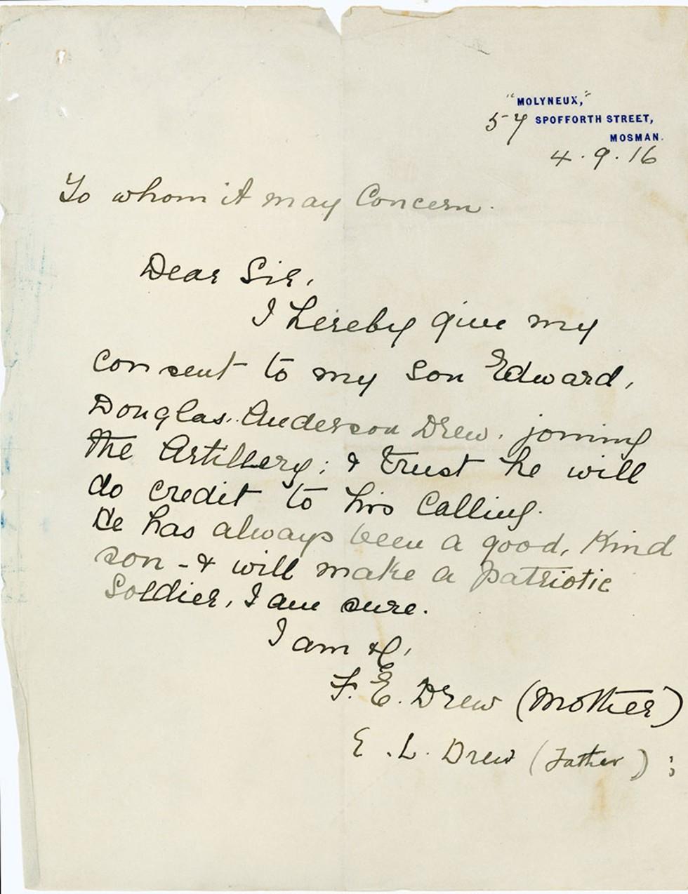 This is a letter from Edward Drew's parents giving their permission for him to enlist.