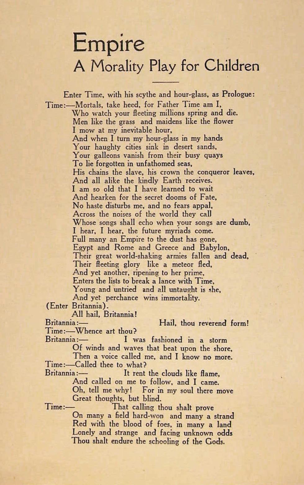 This play manuscript is titled Empire, 'a morality play for children' intended for Empire day commemoration.
