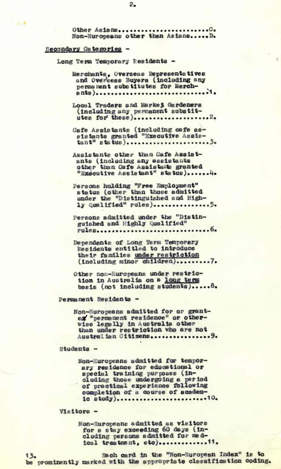 Establishment of index of non-Europeans in Australia – information for Commonwealth migration officers.