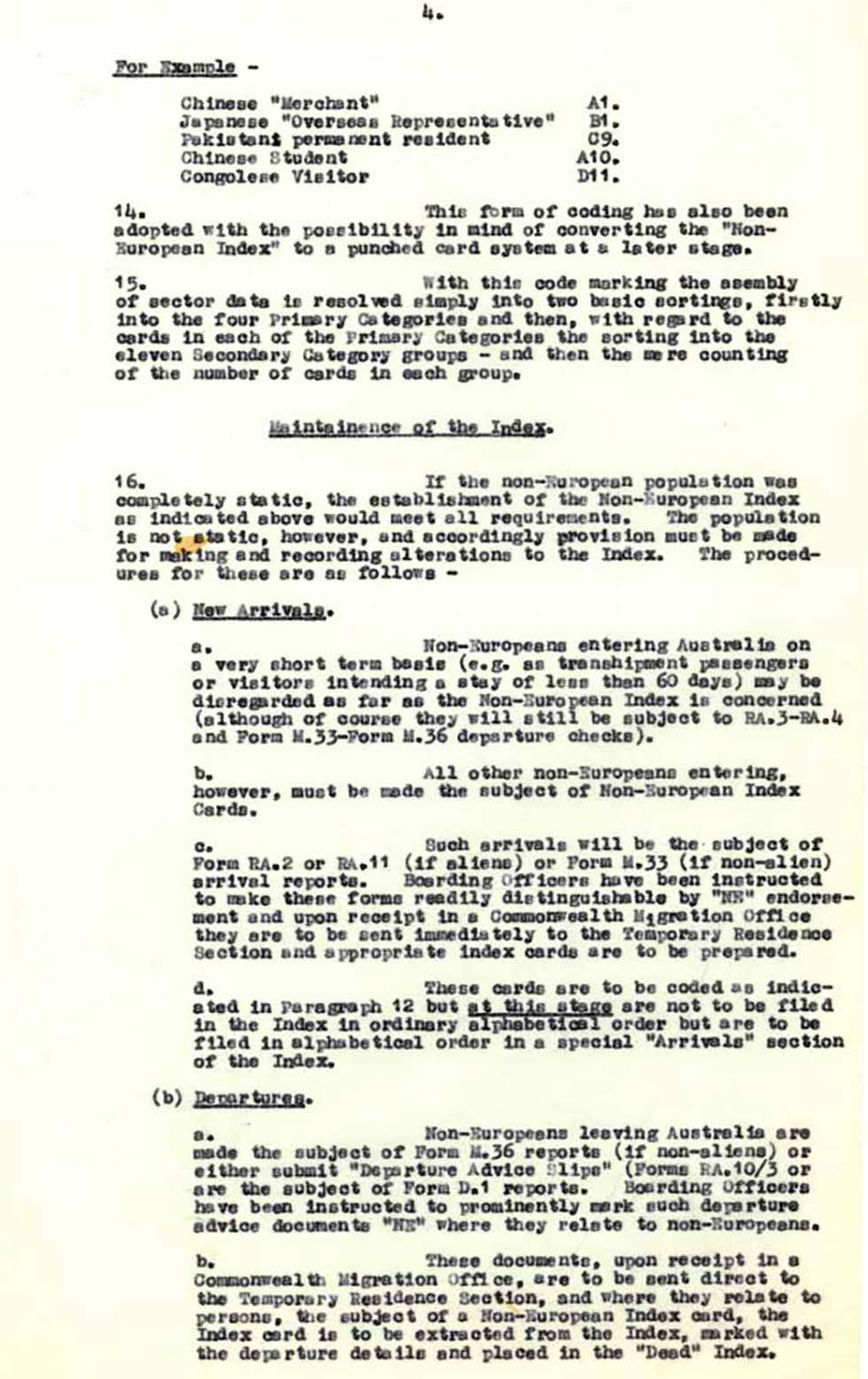 Establishment of index of non-Europeans in Australia – information for Commonwealth migration officers.