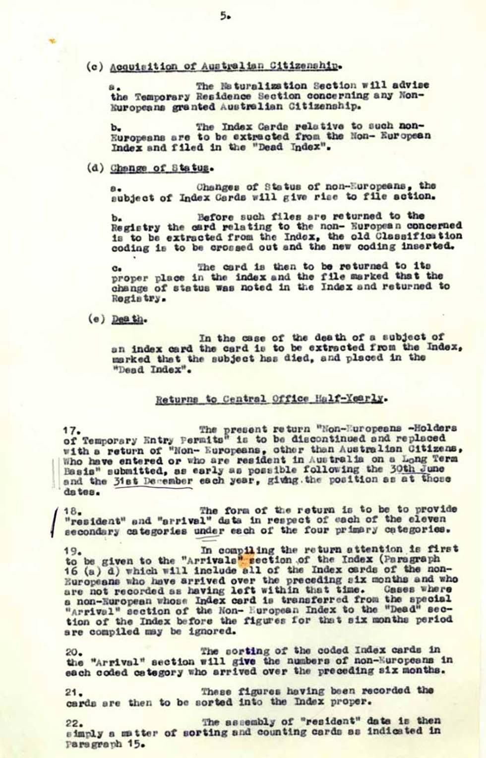 Establishment of index of non-Europeans in Australia – information for Commonwealth migration officers.