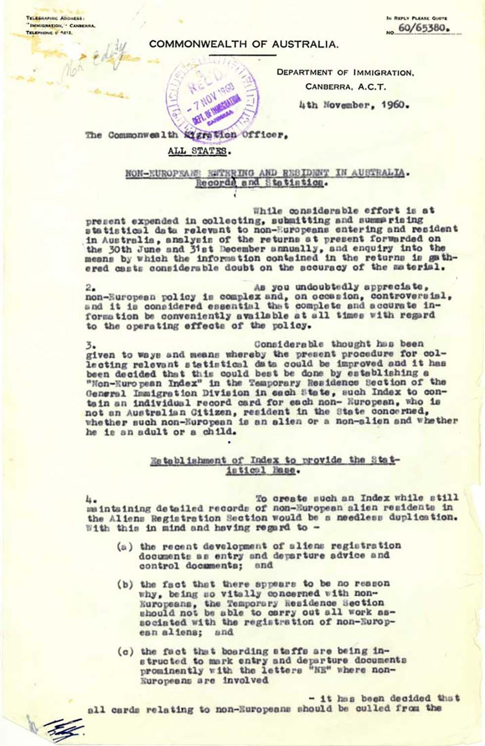 Establishment of index of non-Europeans in Australia – information for Commonwealth migration officers.