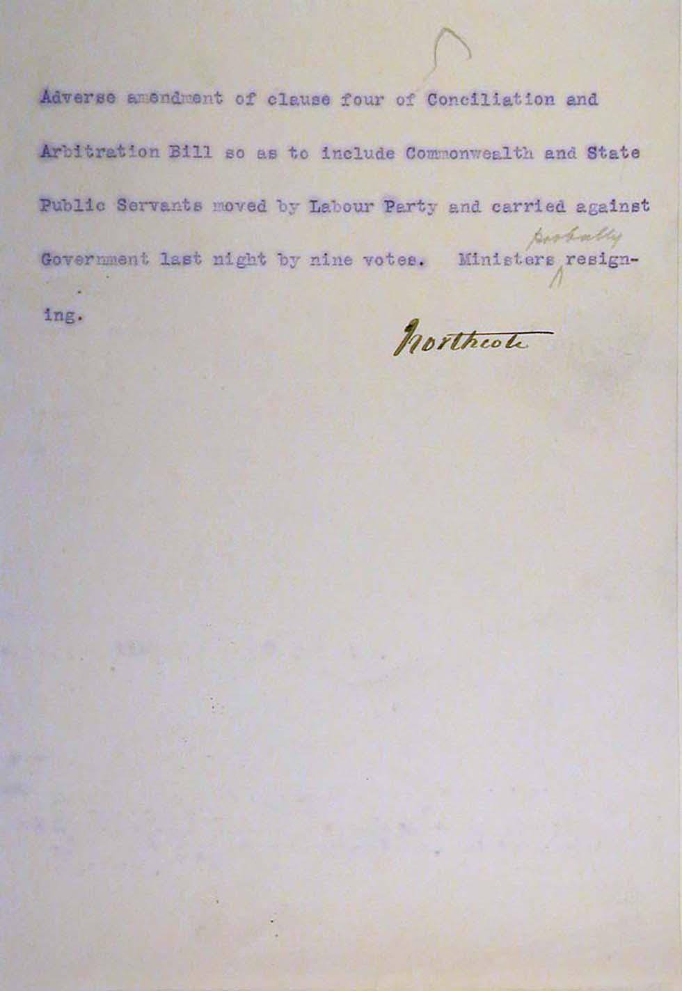 Fall of the Deakin government and forming of the Watson government – coded message sent by Governor-General.