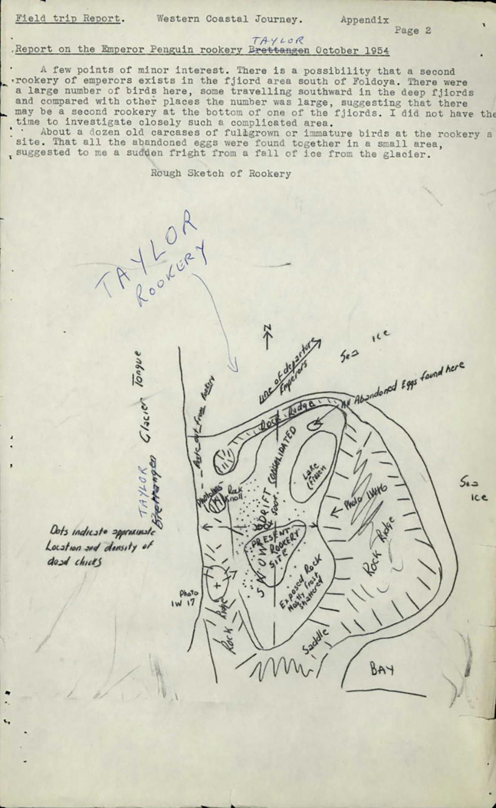 A report and hand drawn sketch of the emperor penguin rookery at Mt Taylor.