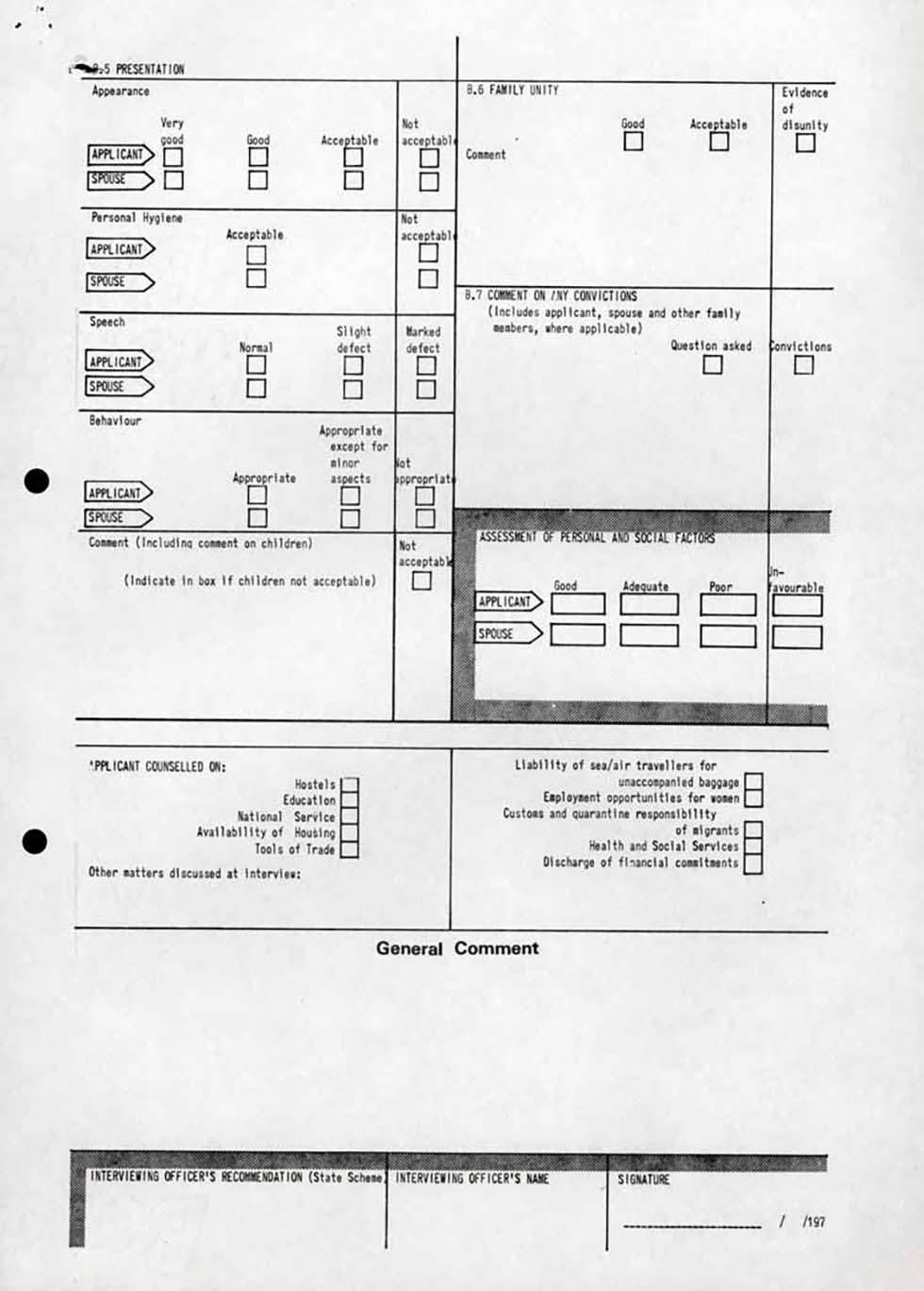 Form used during assessment of migration applicants Department of