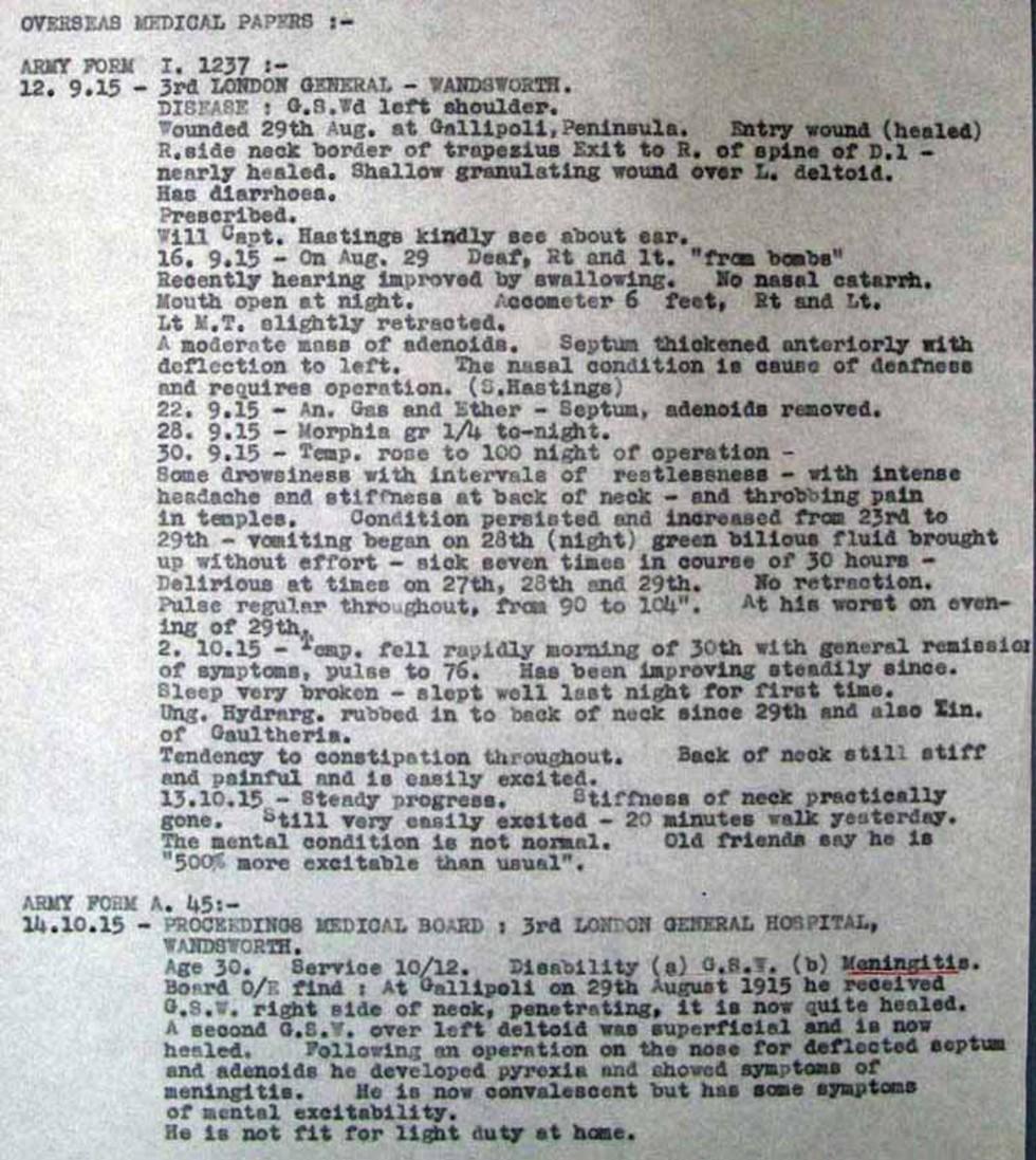 Hugo Throssell's wartime injuries and illnesses.