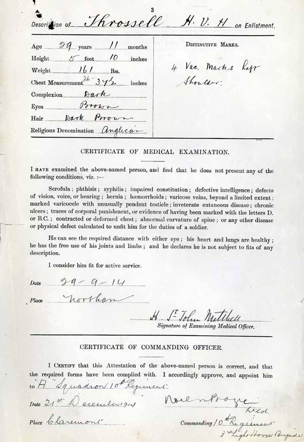 Hugo V. H. Throssell fit for active service in the Australian Imperial Force - certificate of medical examination.