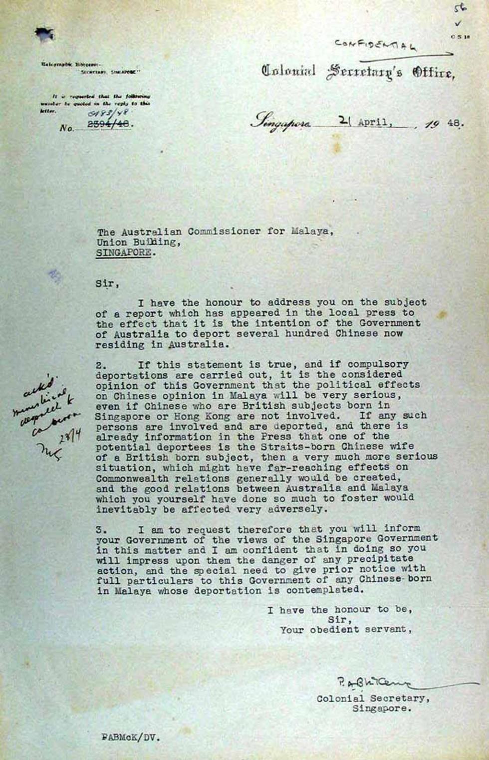 Confidential letter to the Australian Commissioner for Malaya