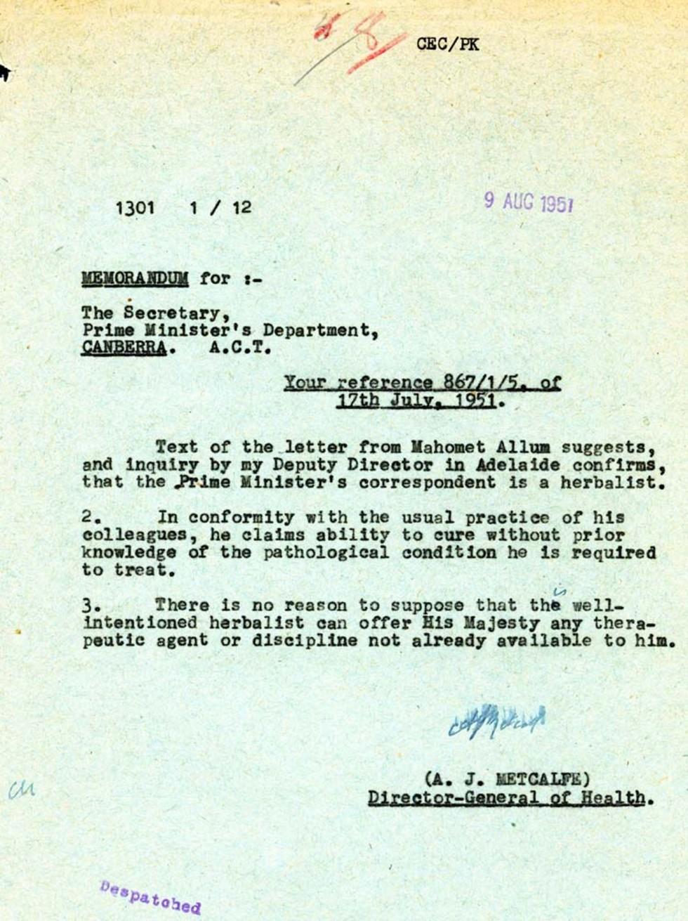 Memorandum for the Secretary, Prime Minister's Department