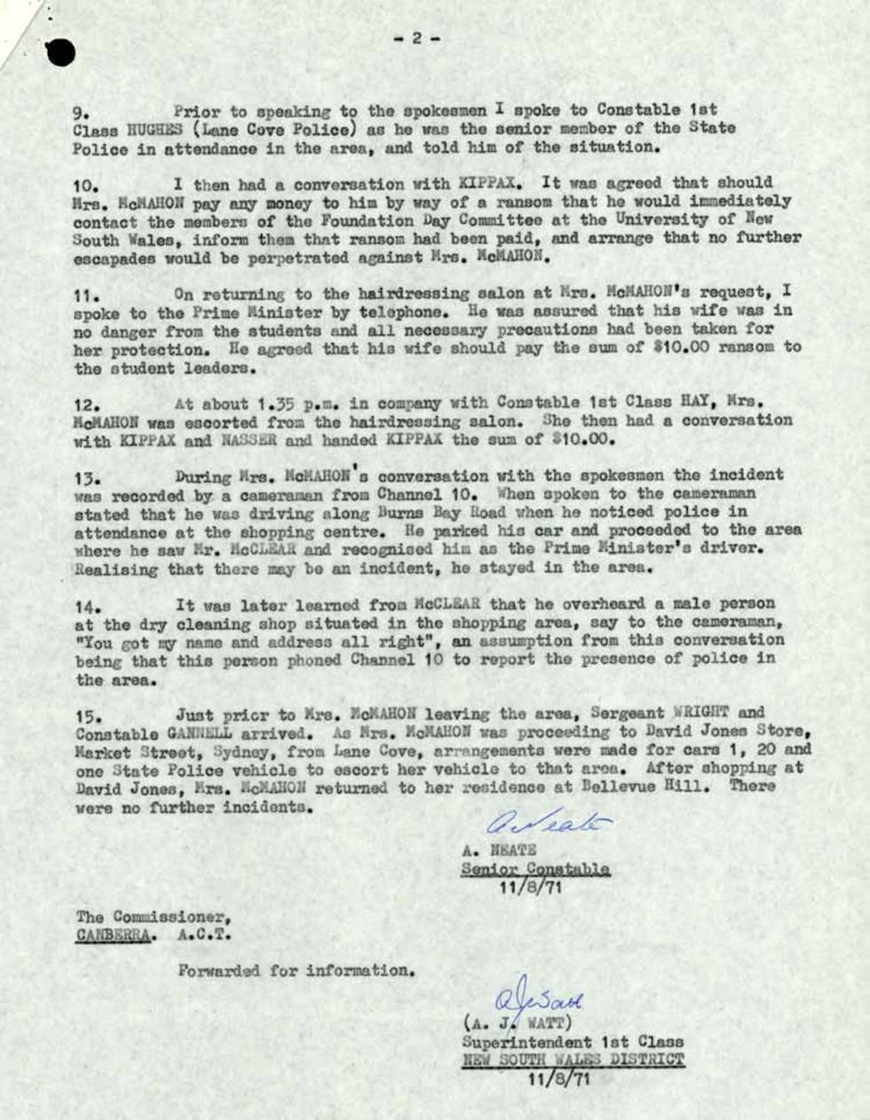 'Kidnapping' of Sonia McMahon - incident report.