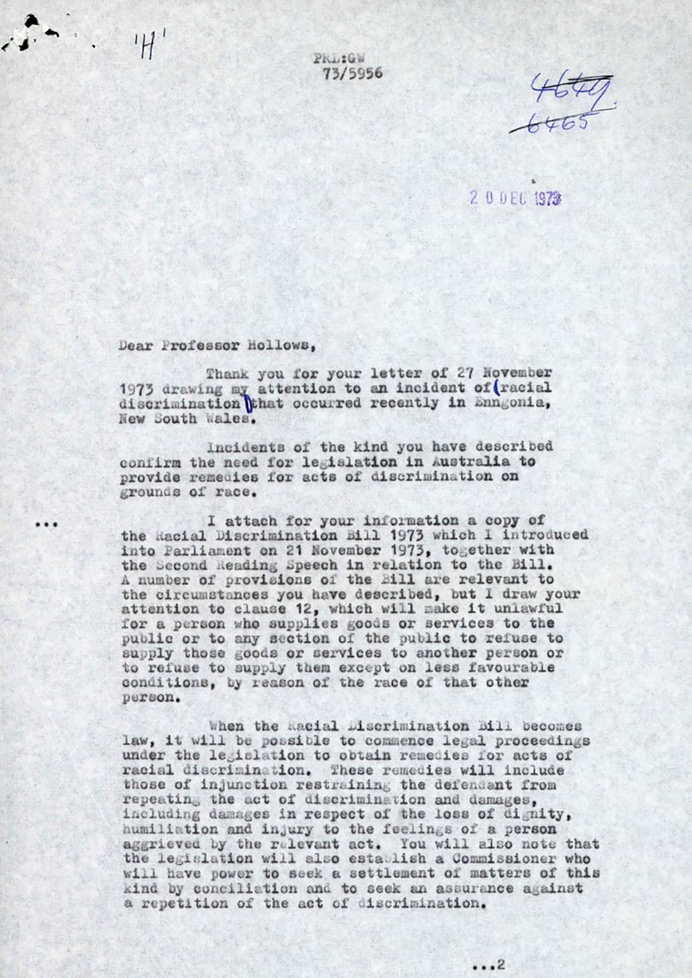 Complaint about racial discrimination - letter from Fred ...