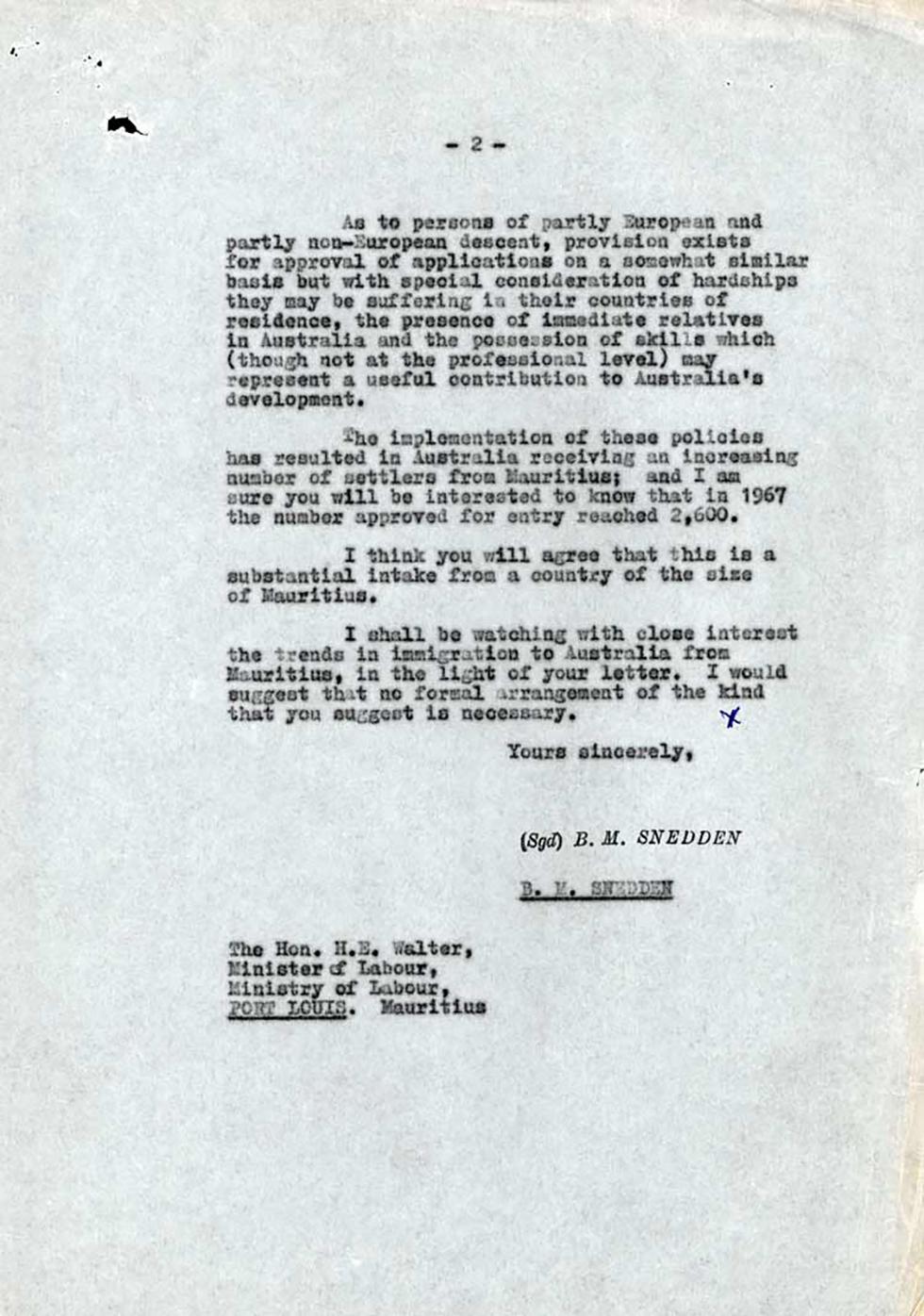 Letter discounting an 'organised emigration scheme for Mauritians'.