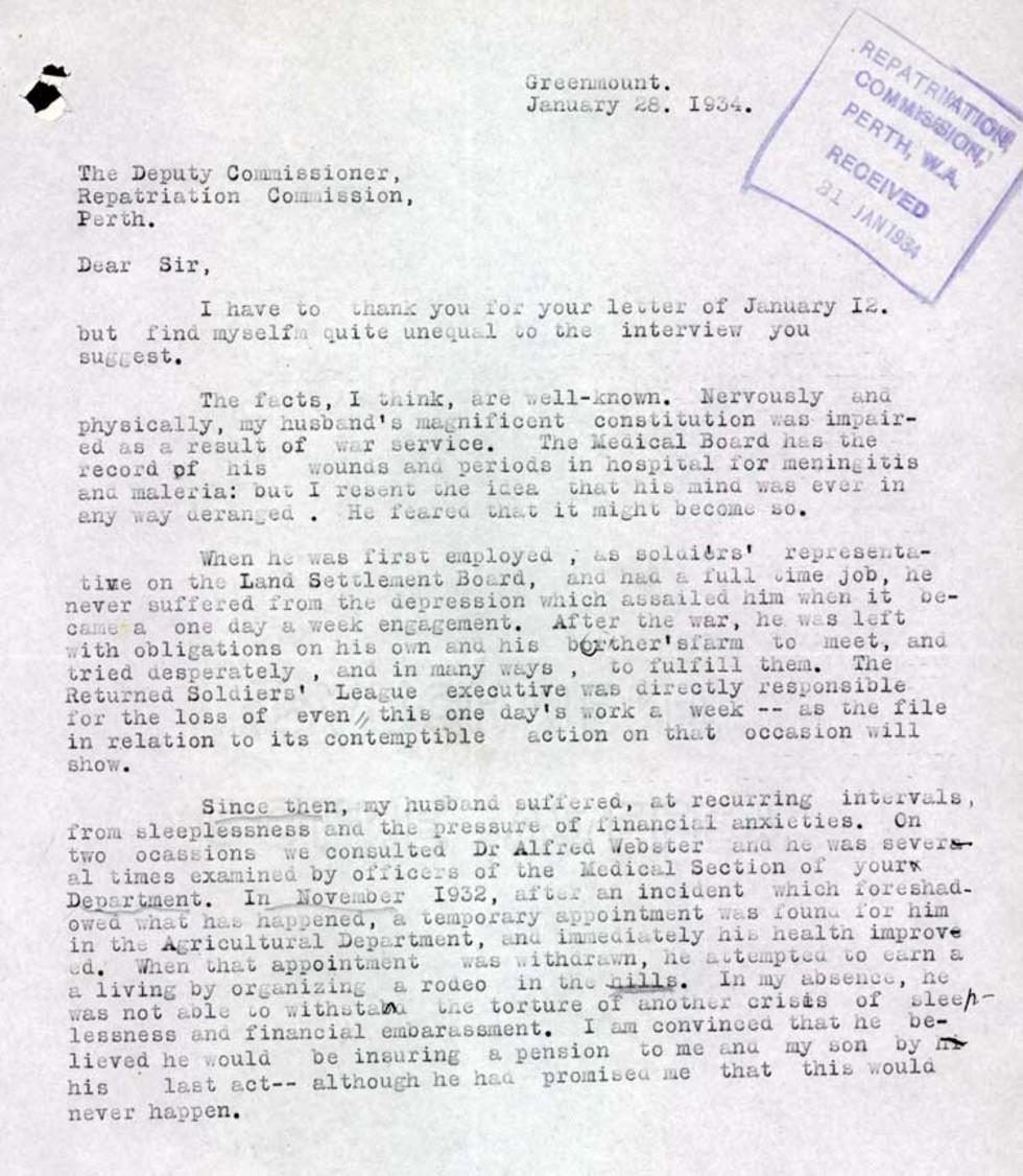 Letter from wife of returned soldier Throssell to the Repatriation Commission