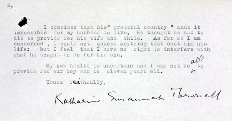Letter from wife of returned soldier Throssell to the Repatriation Commission