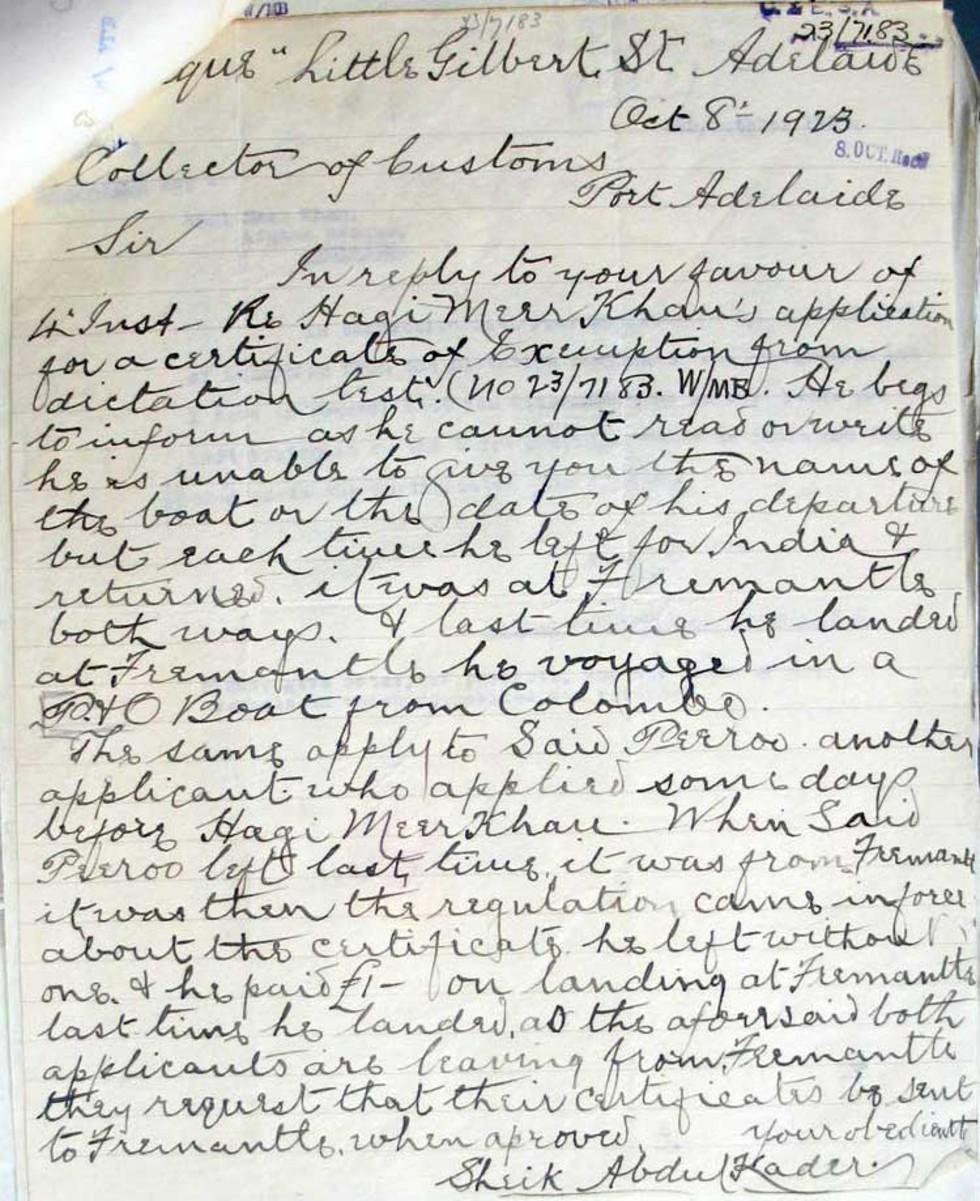 Letter to Collector of Customs, Port Adelaide
