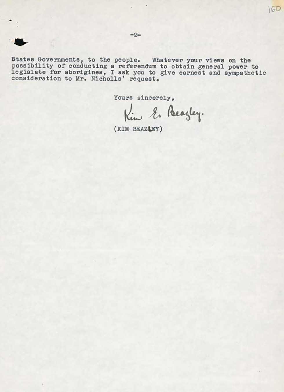 This letter dated 14 September 1949, from Labor Member of Parliament Kim E Beazley Senior to Prime Minister Ben Chifley, discusses whether it would be possible to legislate for Aboriginal representation in federal parliament, and if it would be possible to hold a referendum to give the Commonwealth power over Aboriginal affairs.