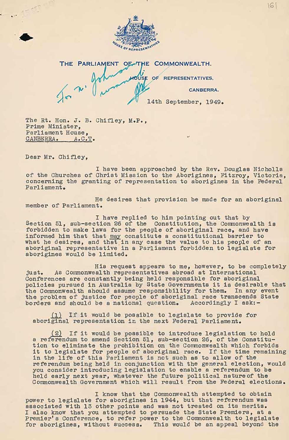 This letter dated 14 September 1949, from Labor Member of Parliament Kim E Beazley Senior to Prime Minister Ben Chifley, discusses whether it would be possible to legislate for Aboriginal representation in federal parliament, and if it would be possible to hold a referendum to give the Commonwealth power over Aboriginal affairs.