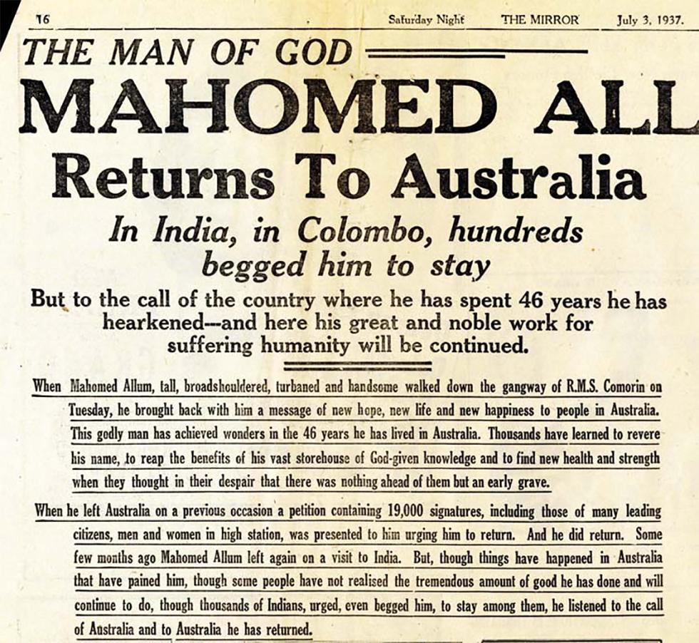 Newspaper article about Mahomet Allum returning to Australia.