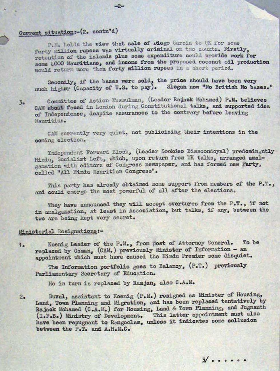 Political report on Mauritius addressed to the Qantas area manager in Africa.