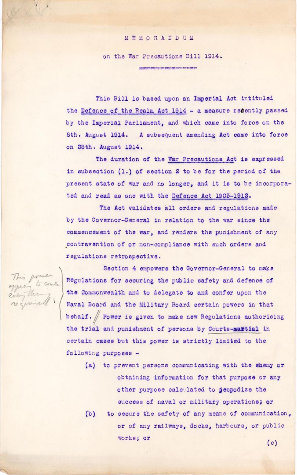 This is a Memorandum on the War Precautions Bill.