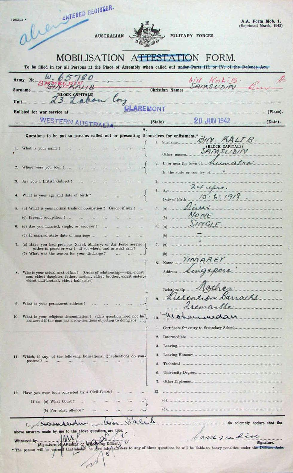 Mobilisation form for Samsudin bin Katib with Alien written in top Left corner.