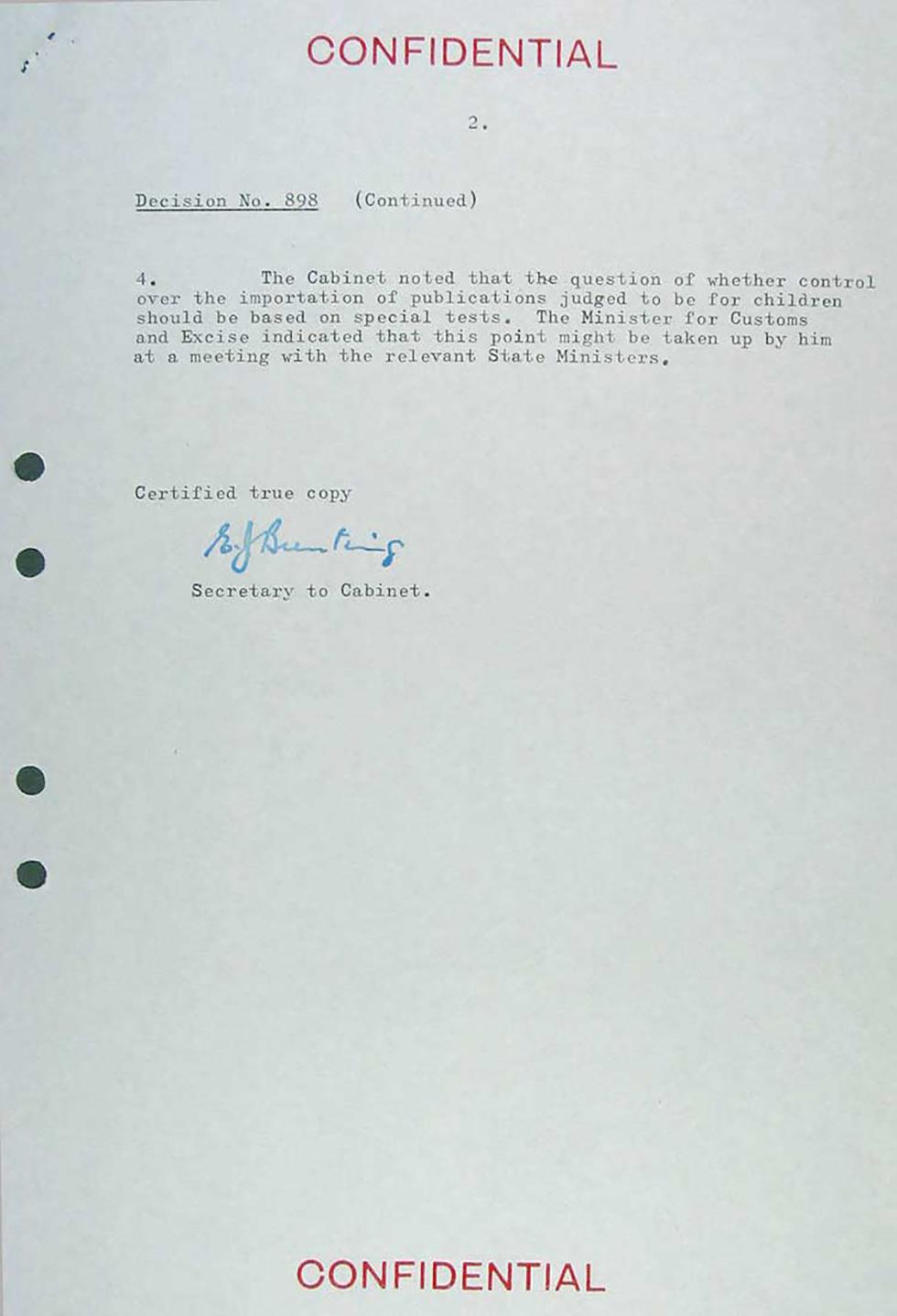 Moral concerns about The Little Red School Book - confidential Cabinet minute.