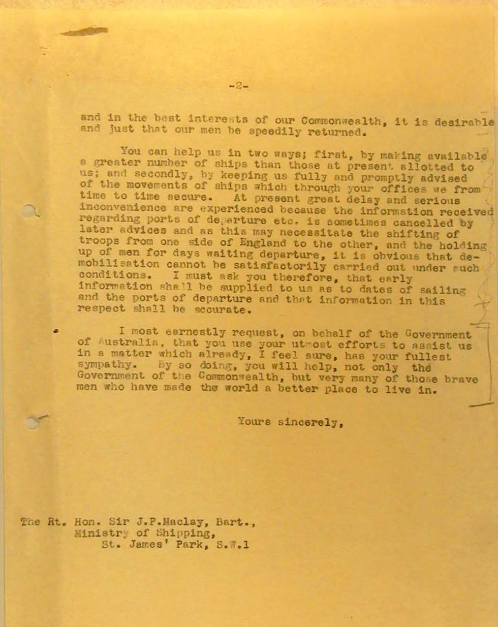 More ships needed for reptriation of soldiers - letter from Prime Minister William Morris Hughes.