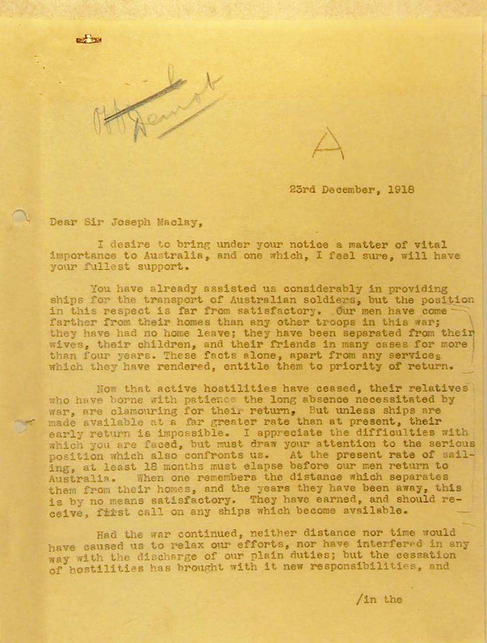 More ships needed for reptriation of soldiers - letter from Prime Minister William Morris Hughes.