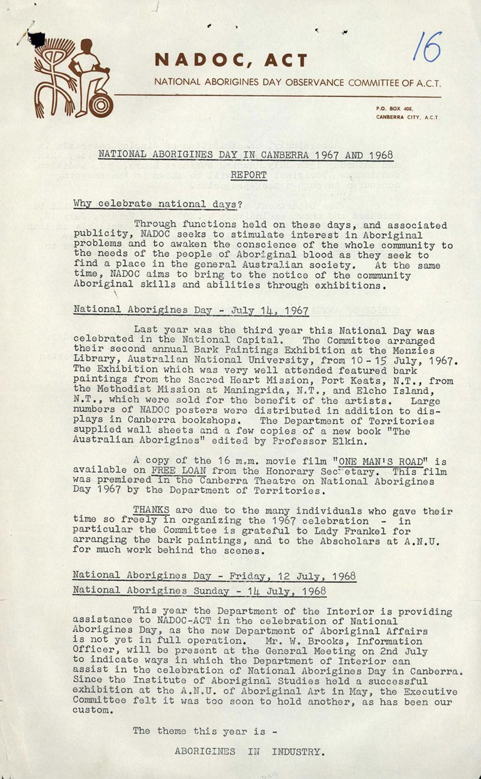 Typed report from NADOC, ACT: National Aborigines Day in Canberra 1967 and 1968.