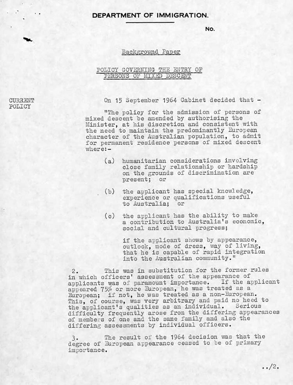 Department of Immigration background paper regarding the policy for the admission of persons of mixed descent - page 1.