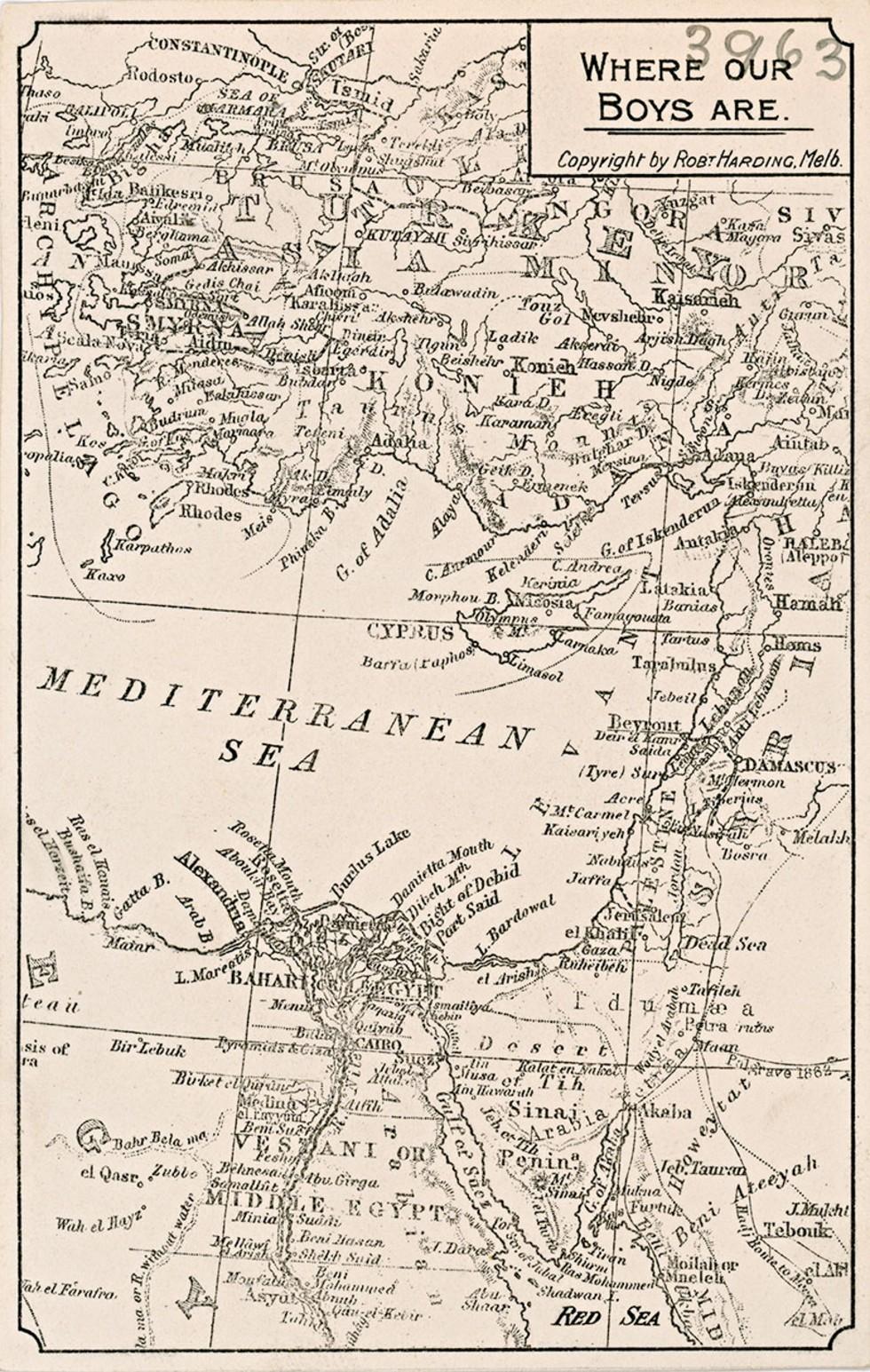 This postcard shows a map of the Middle East region titked 'Where Our Boys Are'.