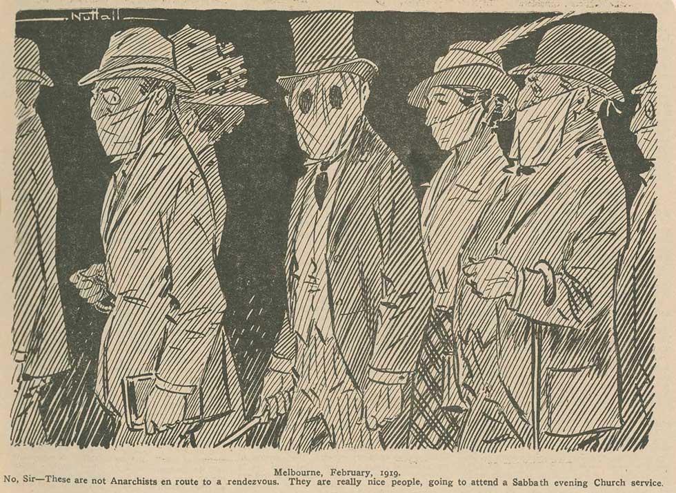 Newspaper illustration showing seven well-dressed men and women wearing face masks to protect them against the recent Spanish influenza (flu) outbreak.