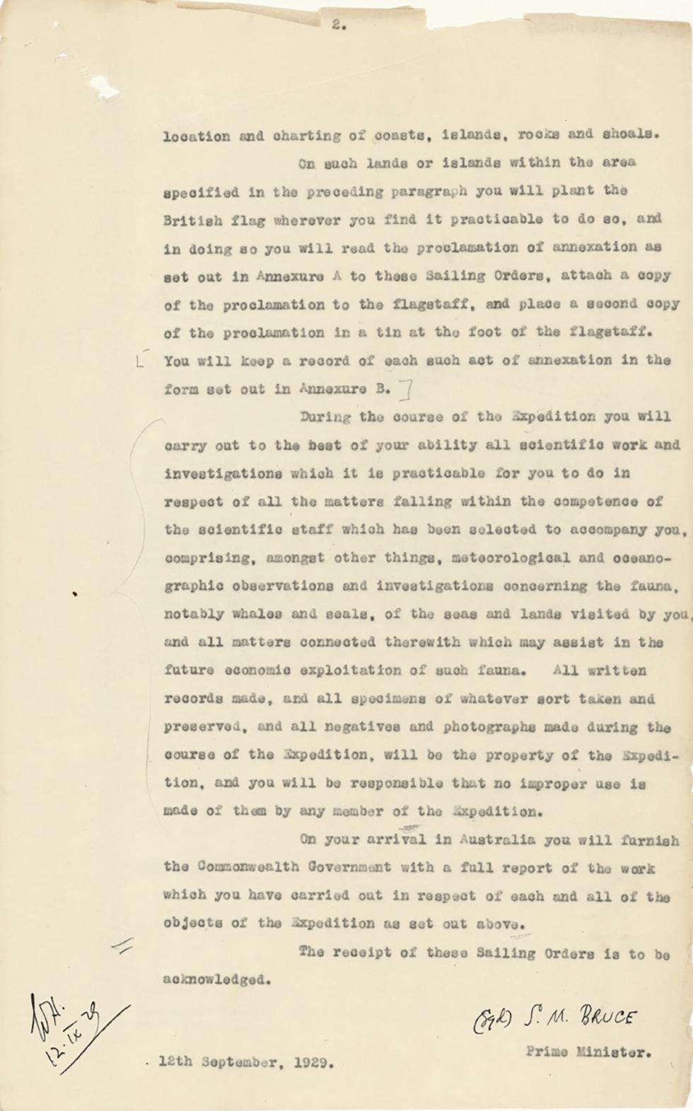 Prime Minister Bruce's sailing order to Sir Douglas Mawson.
