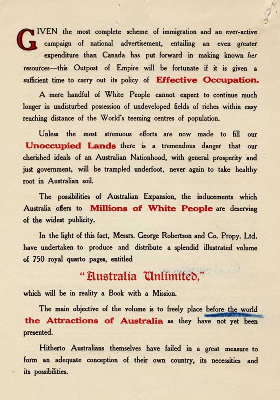 Prospectus for pro-White Australia policy publication 'Australia unlimited'.