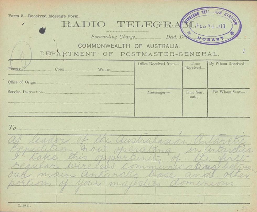 Radio message from Douglas Mawson to Governor-General Lord Denman.