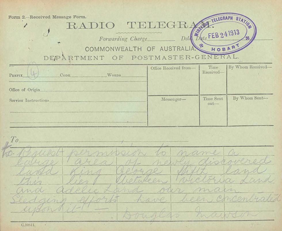 Radio message from Douglas Mawson to Governor-General Lord Denman.