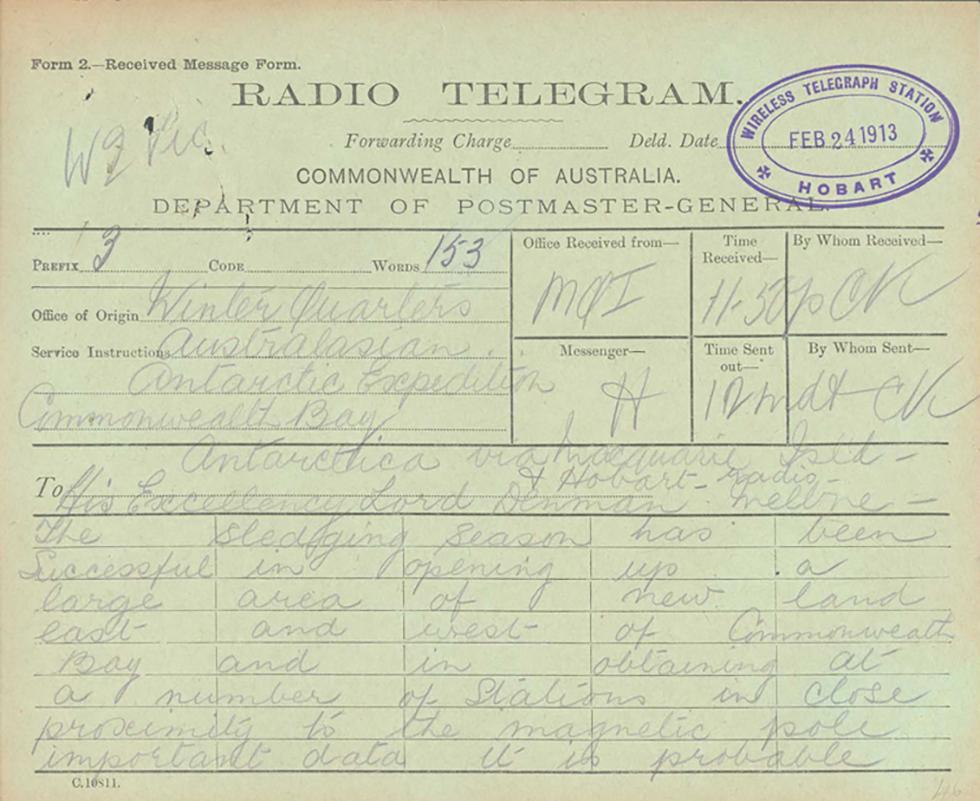Radio message from Douglas Mawson to Governor-General Lord Denman.