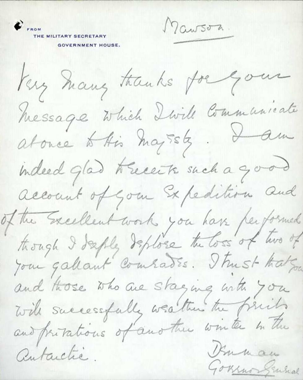 Radio message from Governor-General Lord Denman to Douglas Mawson.