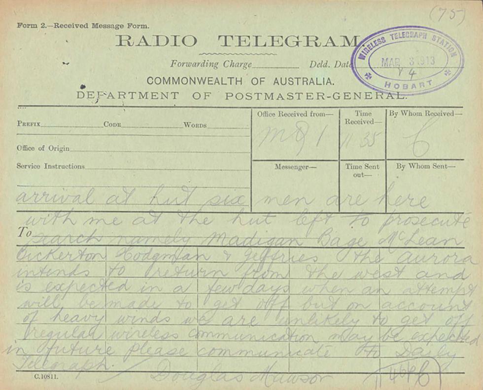 Radio telegram from Douglas Mawson to Professor Edgeworth David.