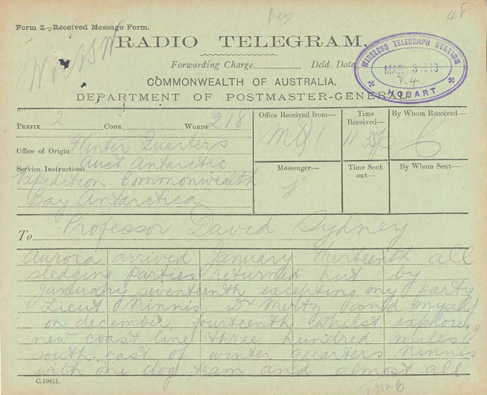 Radio telegram from Douglas Mawson to Professor Edgeworth David.
