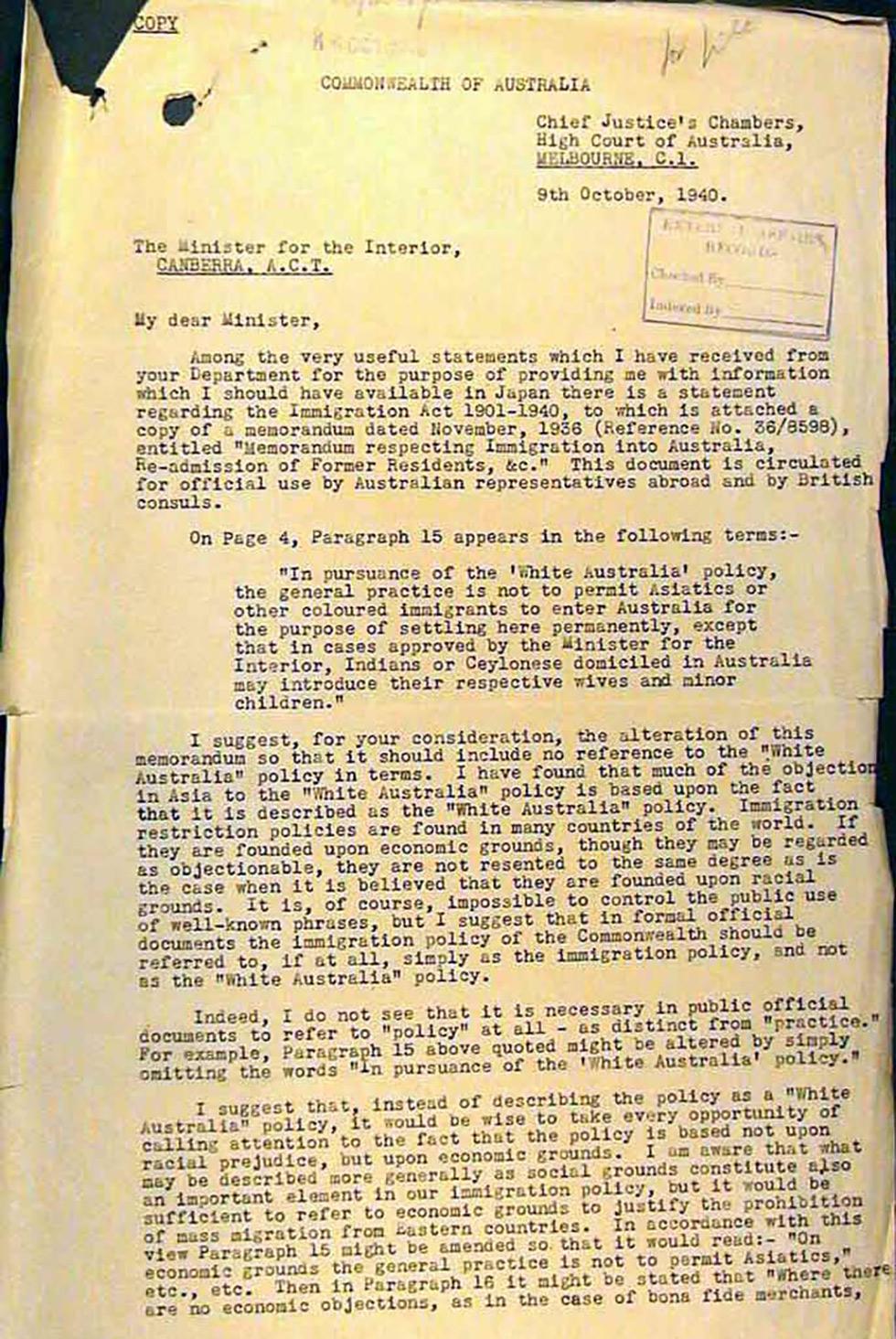 Copy of a letter to the Minister for the Interior to consider altering the White Australia policy.