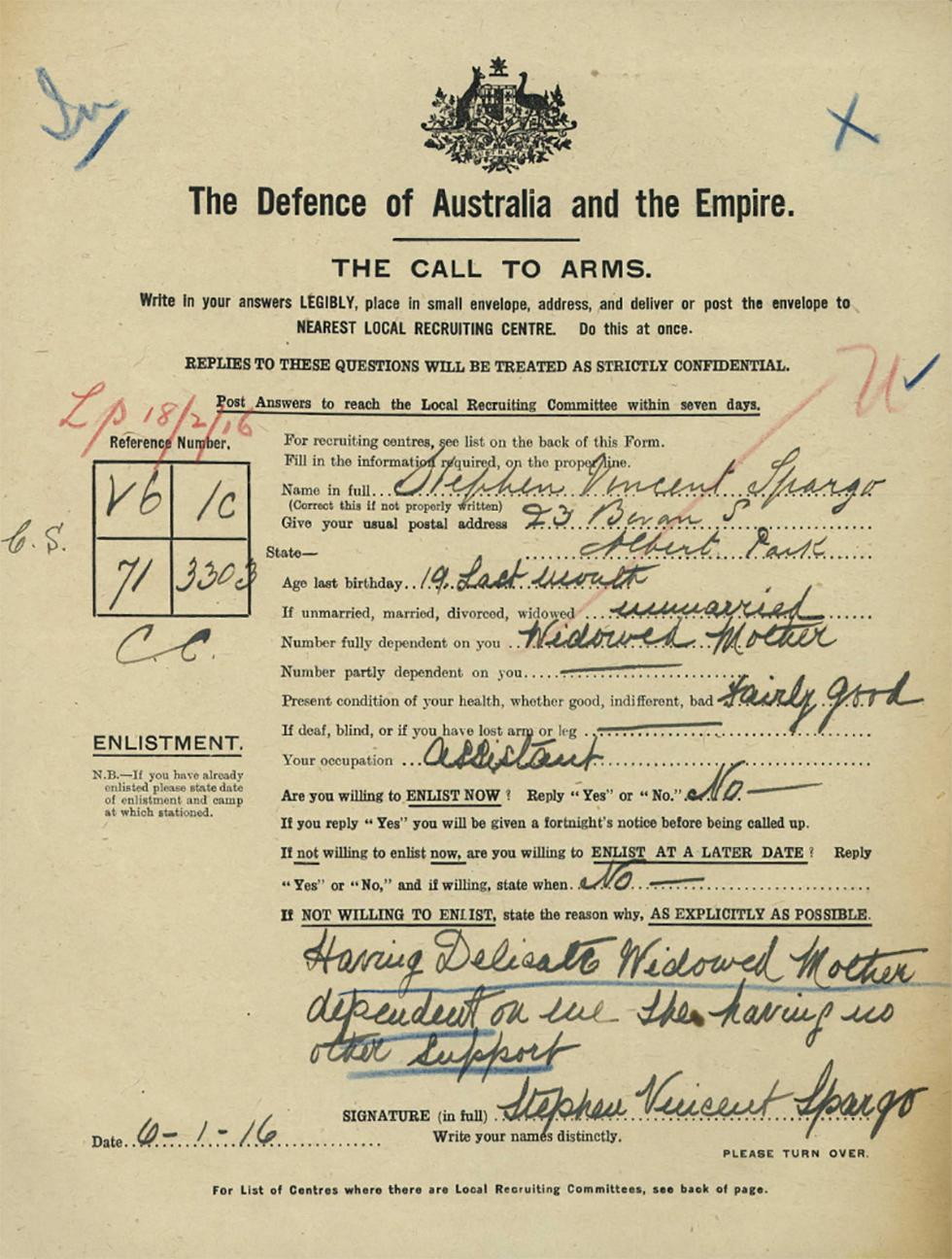 Completed form spelling out one man's reasons for not enlisting in World War I.