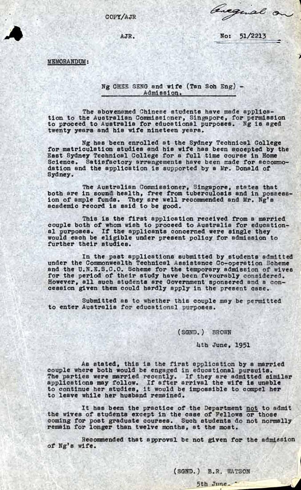 Copy of memorandum of recommendation to refuse entry.