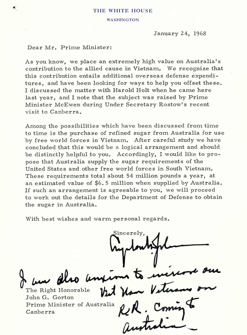 Letter to Prime Minister John Gorton from Lyndon B Johnson on the supply of sugar to United States and other free world forces during the Vietnam war.