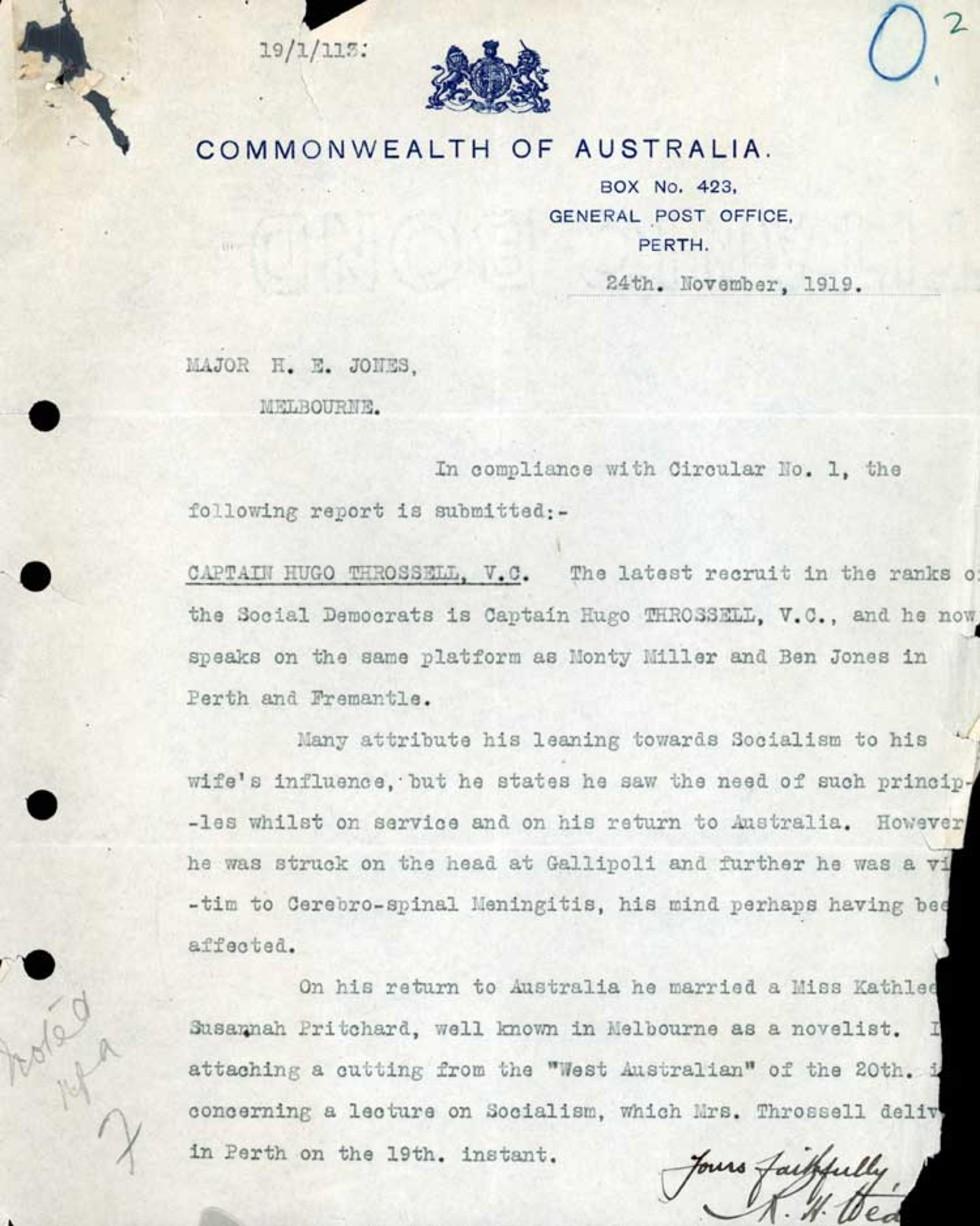 Report on Hugo Throssell and socialist connection.