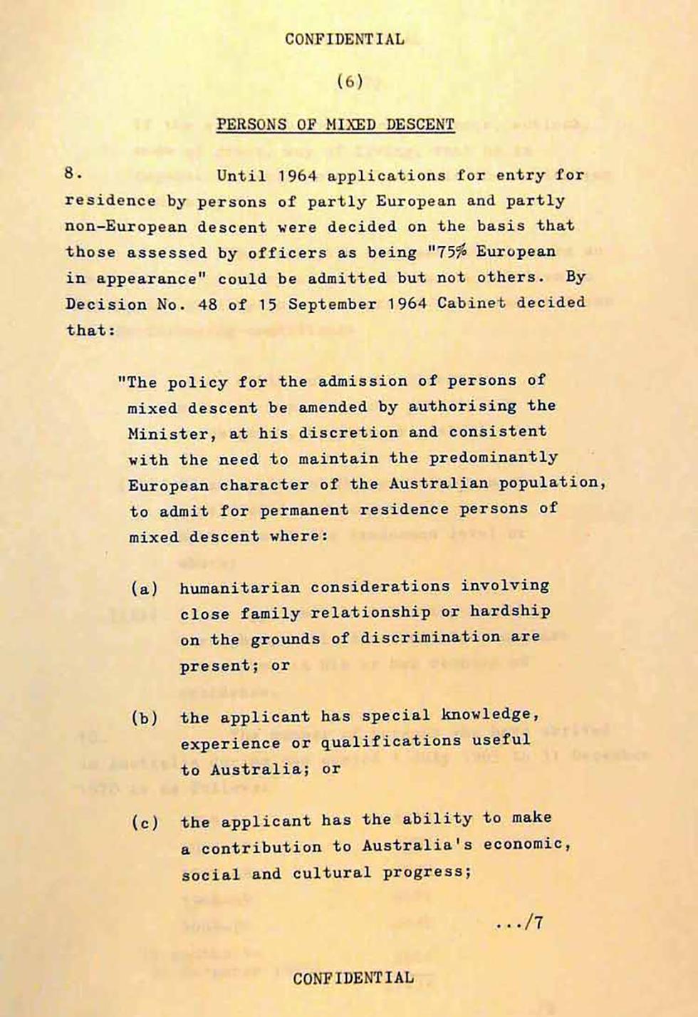 Cabinet submission on immigration to Australia of non-Europeans and persons of partly non-European descent.