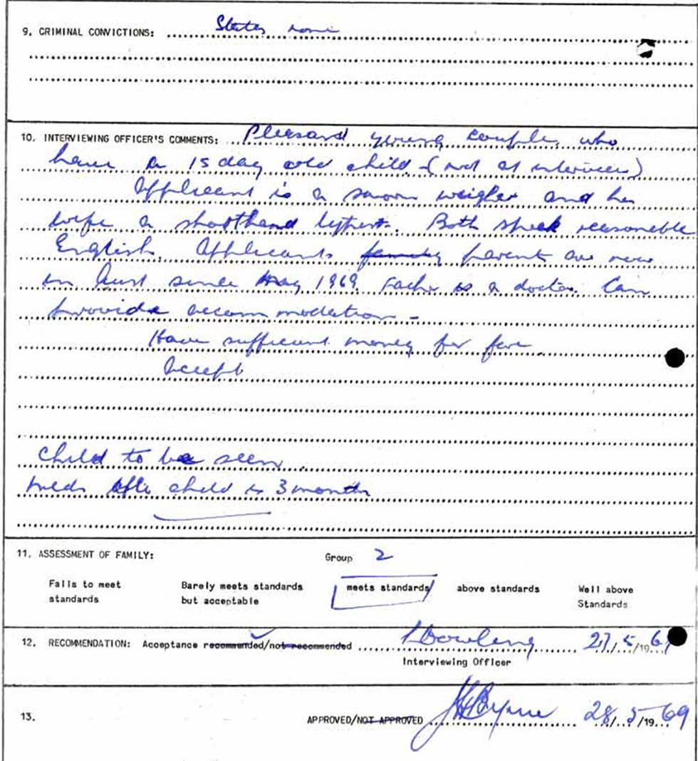 A form documenting an interview with a couple applying for migration to Australia.